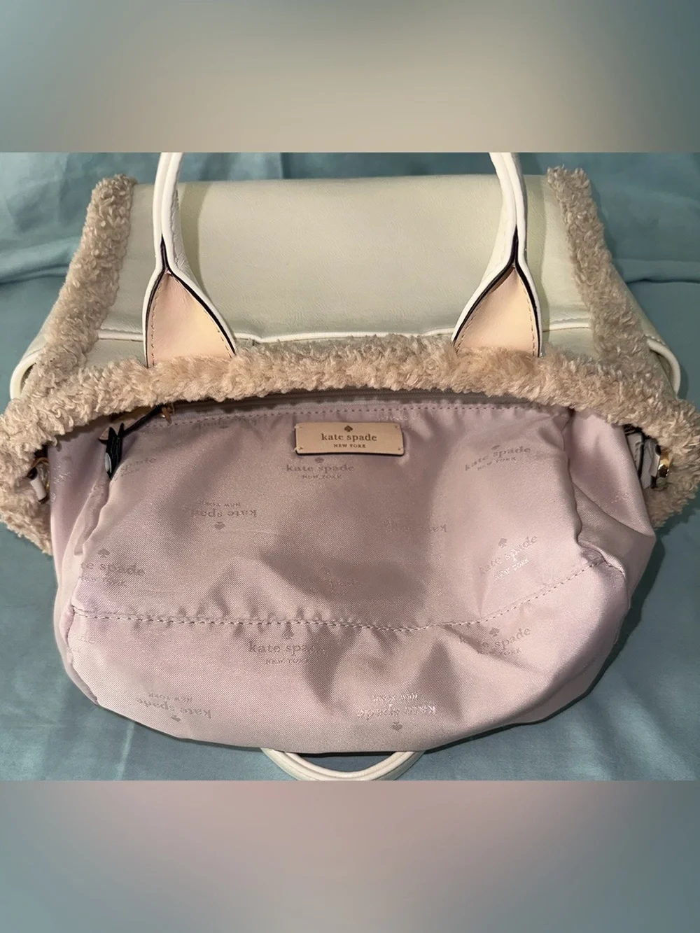 Kate Spade Jett Faux Shearling Trim Tote in Meringue or Cream Color - Picture 9 of 12